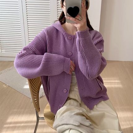 慵懒风毛衣外套女2025秋冬时尚休闲连帽上衣宽松减龄百搭针织