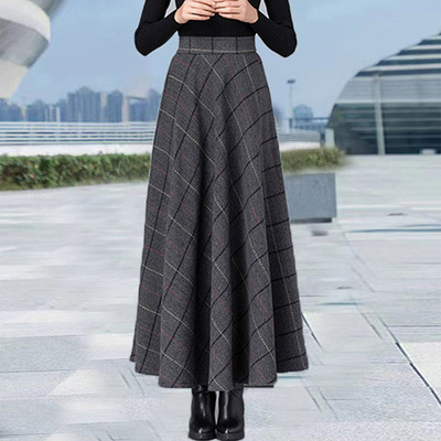 秋冬毛呢格子半身裙高腰A字长裙