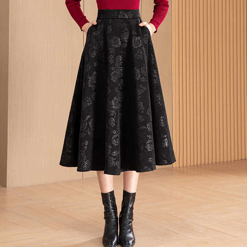 黑色提花半身裙女秋冬2025新款高腰显瘦中长款a字大摆伞裙子冬季
