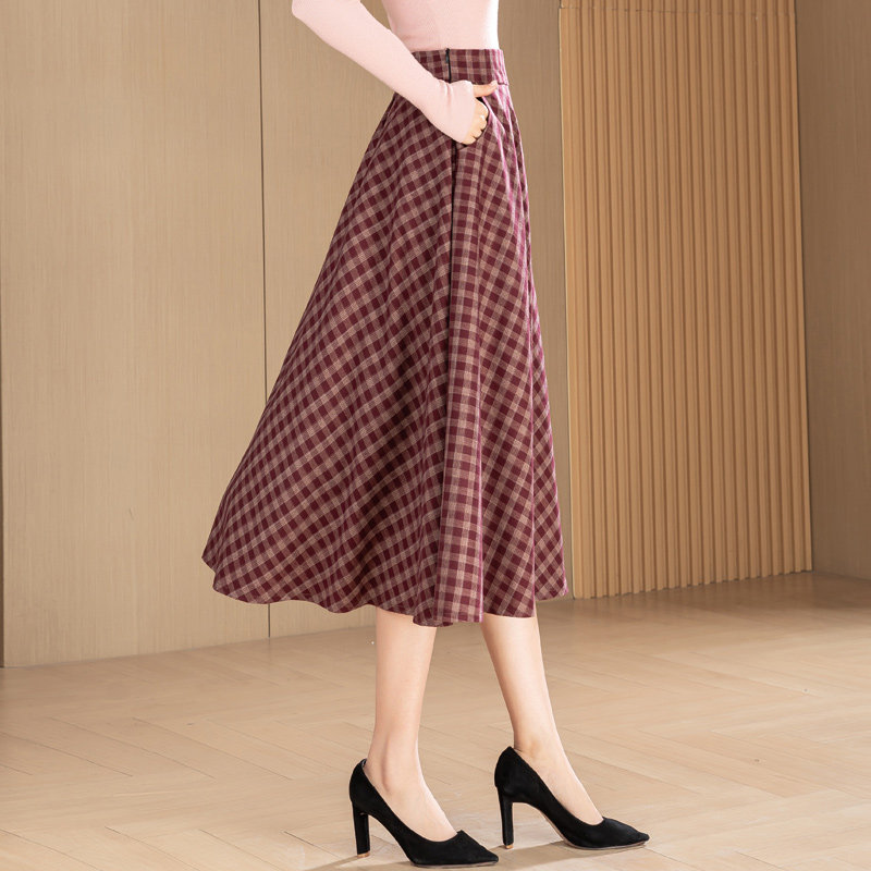 春秋韩系格纹半身裙女高腰显瘦遮胯中长款A字裙百搭小个子伞裙子