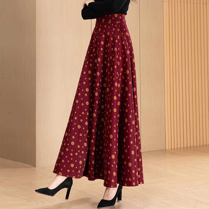 红色复古波点半身裙女2025秋冬新款休闲大码伞裙显瘦大摆a字长裙