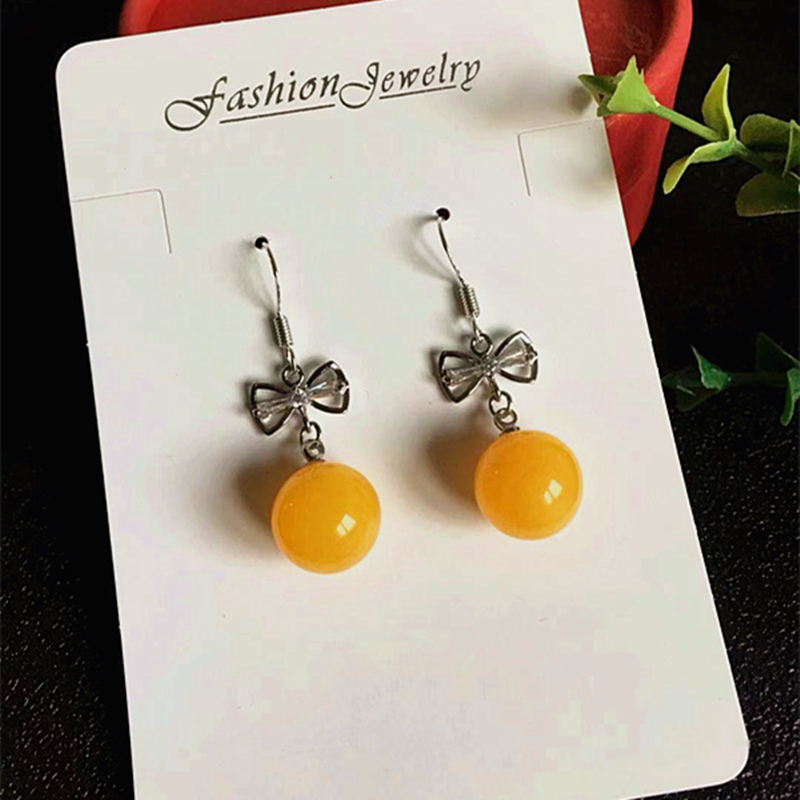 蜜蜡圆珠耳坠S925银防过敏琥珀耳饰品12mm镶嵌锆石老蜜耳钉耳环女