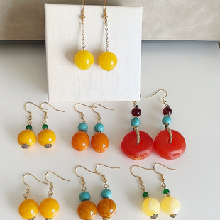 复古耳环天然老蜜蜡圆珠耳环藏式经典网红时尚简约气质民族风耳坠