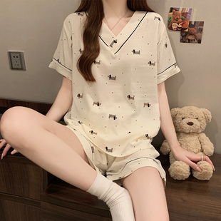 夏天家居服套装 睡衣女夏季 纯棉V领甜美卡通可爱ins风韩版 短裤 短袖