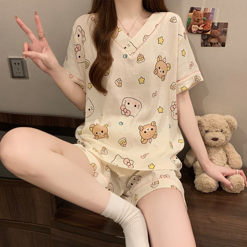 睡衣女夏季短袖短裤纯棉V领甜美卡通可爱ins风韩版夏天家居服套装