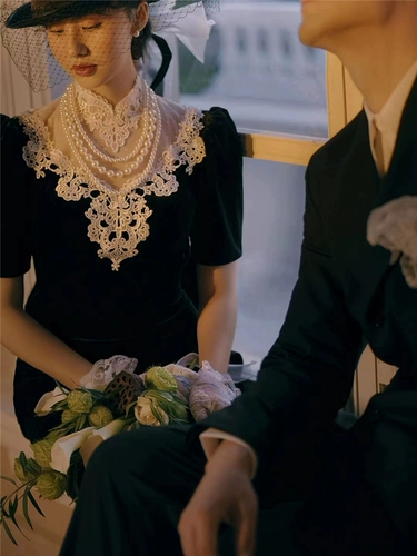 Ретро черное свадебное платье для влюбленных, французский стиль