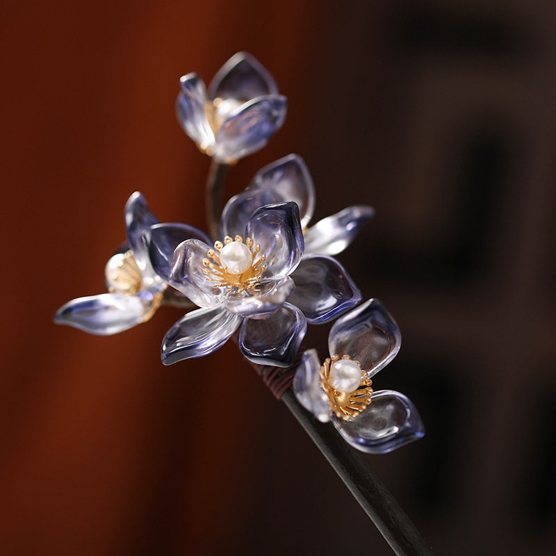 渐变蓝花朵发簪复古步摇手工木簪古风盘发汉服头饰旗袍风发簪