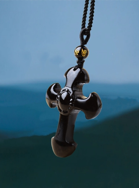 天然黑曜石十字架吊坠