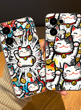 涂鸦招财猫手机壳适用opporeno15pro透明14超好看13新款12小众高级感11搞怪10趣味rone9por情侣8男7女6/5外壳
