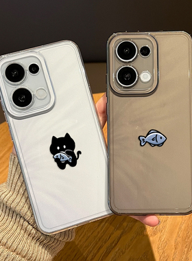 情侣猫咪小鱼手机壳适用opporeno15pro透明14小猫13新款12搞怪11趣味10小众rone9por可爱8简约7创意6女5外壳