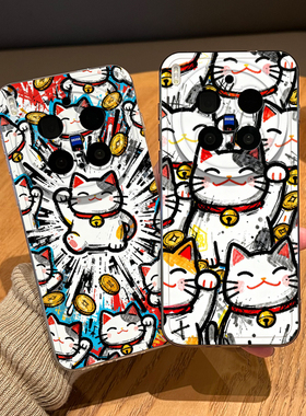 涂鸦招财猫手机壳适用vivox300pro透明200promini超好看100ultra高级感90s小猫80新款70趣味60情侣por外壳女