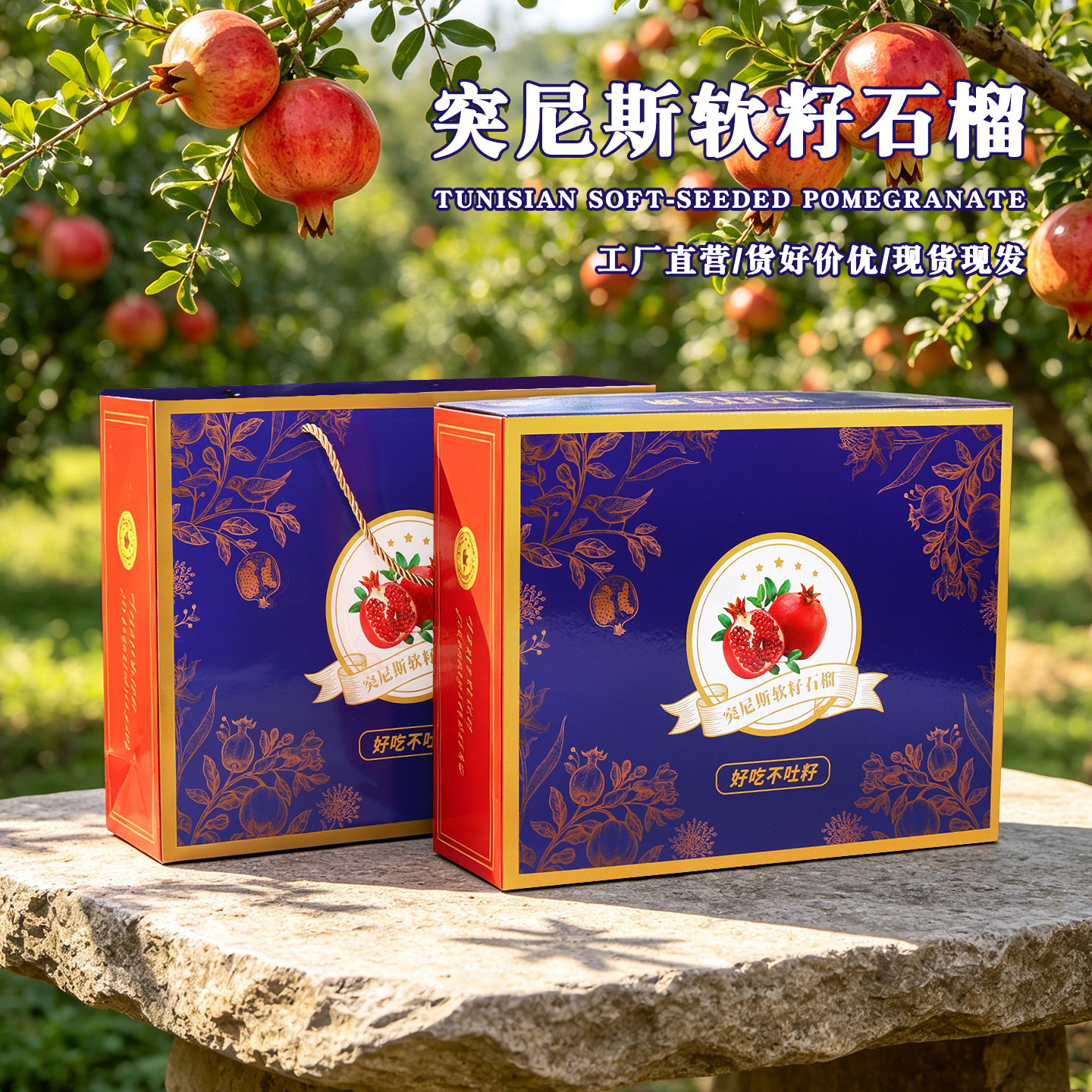 高档6-8斤8个装突尼斯软籽石榴包装盒水果礼品盒彩纸箱手提外袋