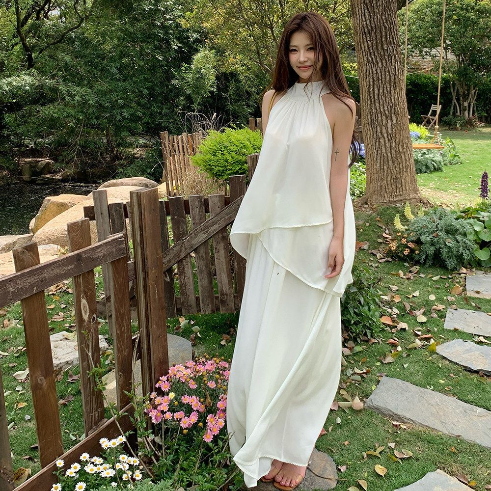 2026夏装新款仙气清冷风无袖雪纺衫上衣A字半身裙两件套装女