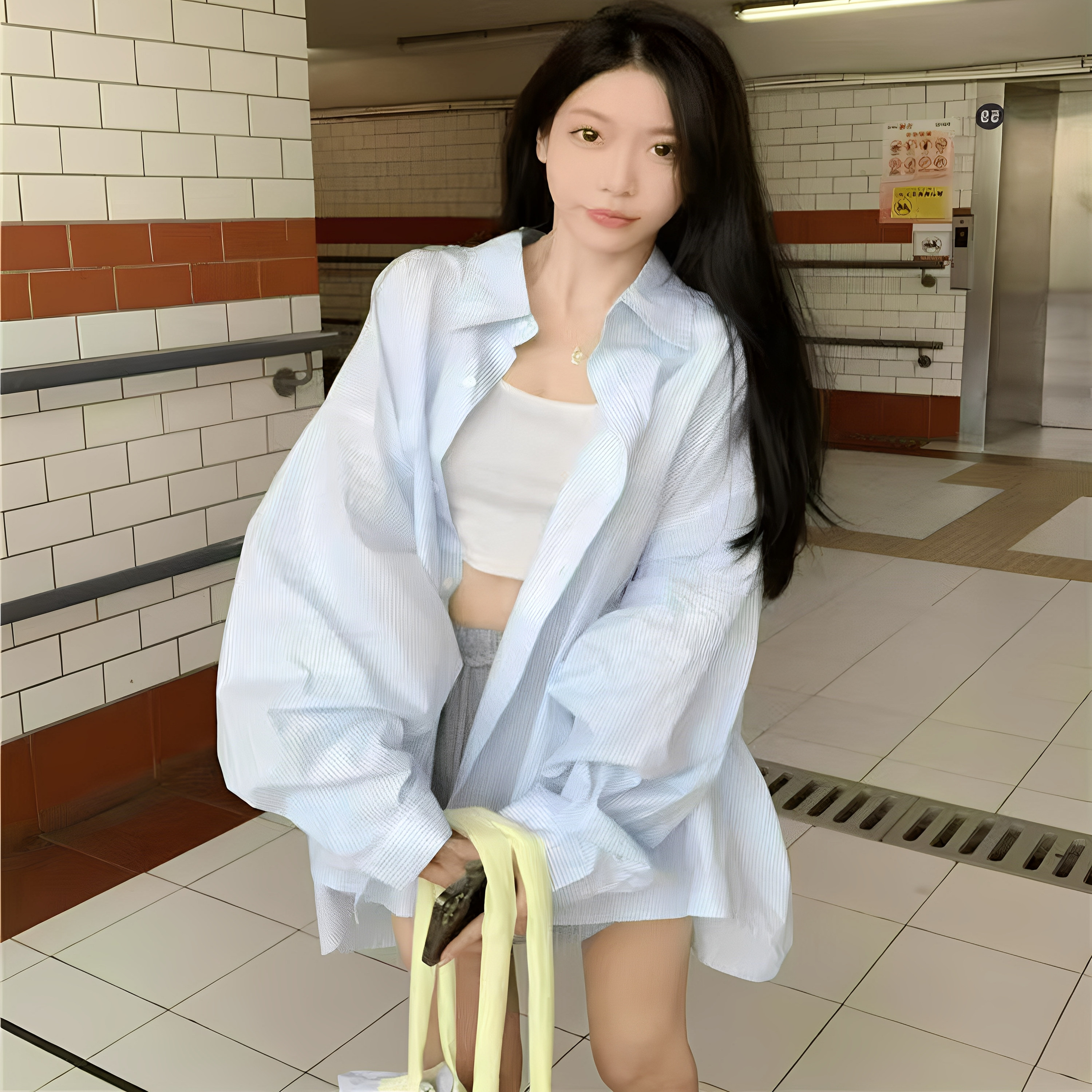 新款蓝色条纹polo领衬衫女慵懒休闲长袖上衣宽松中长款早秋衬衣
