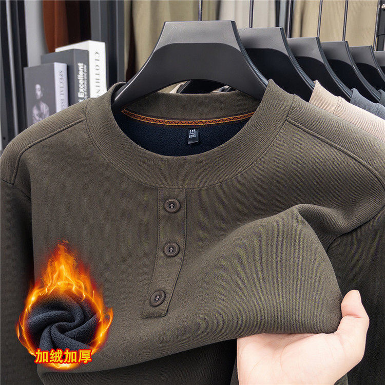 男士长袖POLO衫加绒加厚半高领纽扣休闲打底衫军绿色圆领套头毛衣