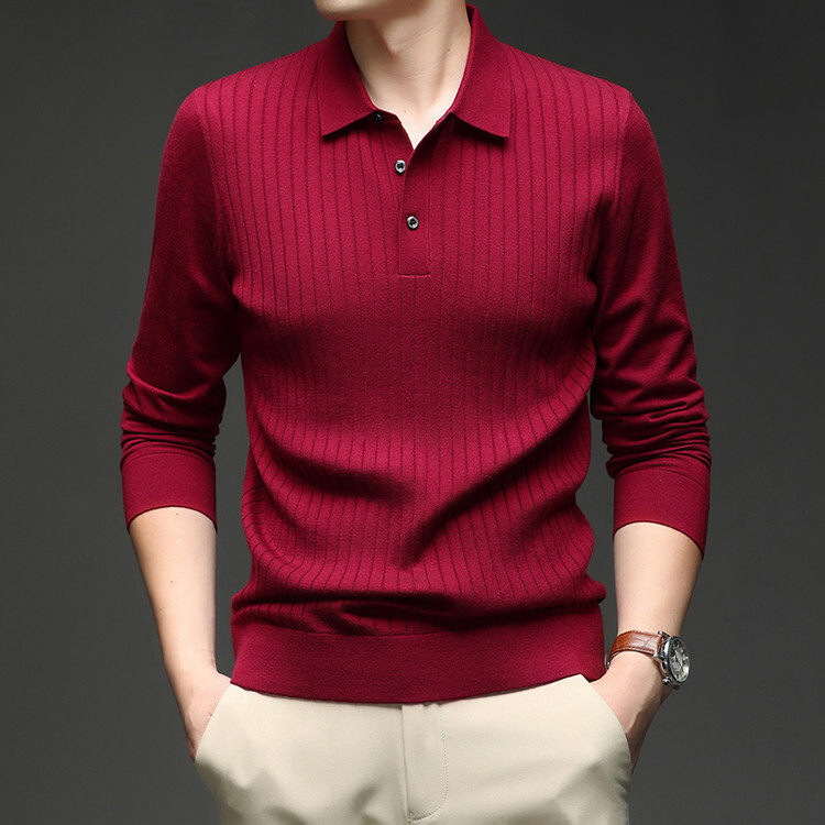 男士翻领长袖针织衫红色商务休闲POLO衫春秋薄款上衣套头内搭大码
