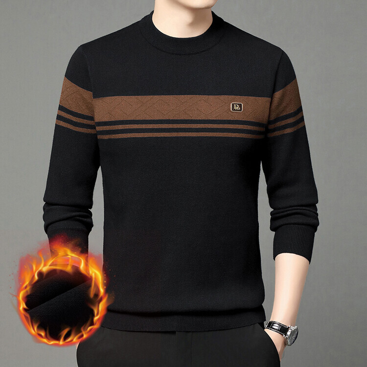 冬季新款男装毛衫衣男士圆领条纹毛衣加绒加厚保暖针织衫打底衫
