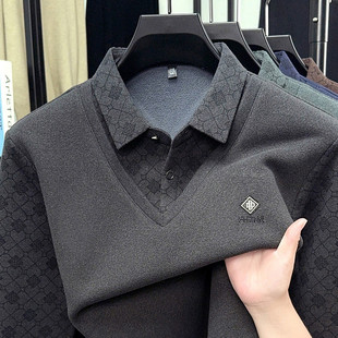 翻领POLO衫男加绒加厚保暖毛衣深灰色针织衫冬季打底衫爸爸装上衣