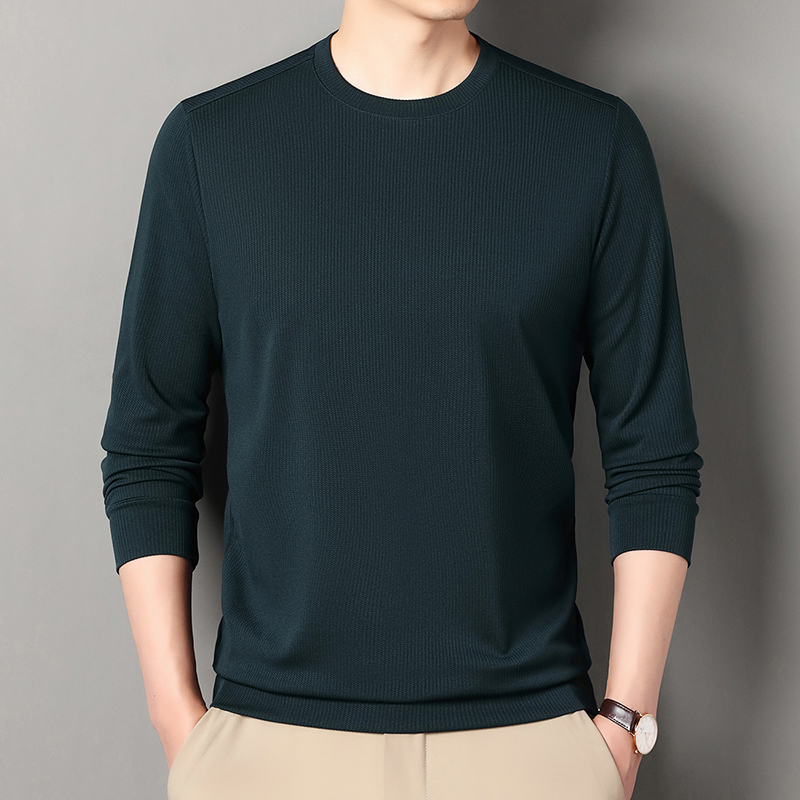 休闲圆领长袖卫衣男宽松打底衫深绿色螺纹肌理感上衣2025年新款