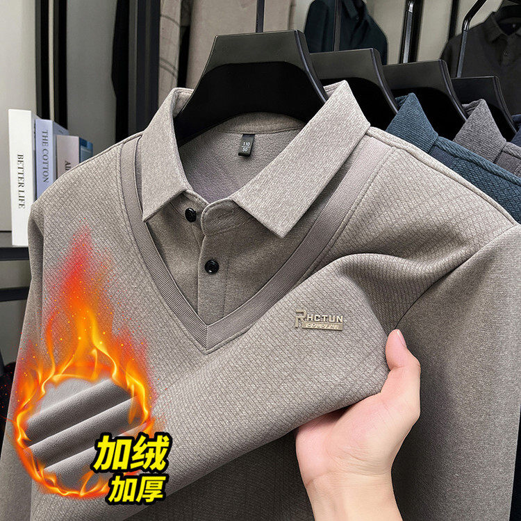 加绒加厚长袖Polo衫男翻领保暖针织衫冬季打底衫秋冬季时尚男款