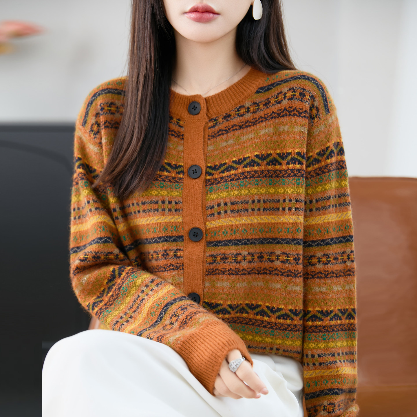 民族风复古风时尚提花毛针织开衫外套女大码女装上衣秋冬毛衣长袖