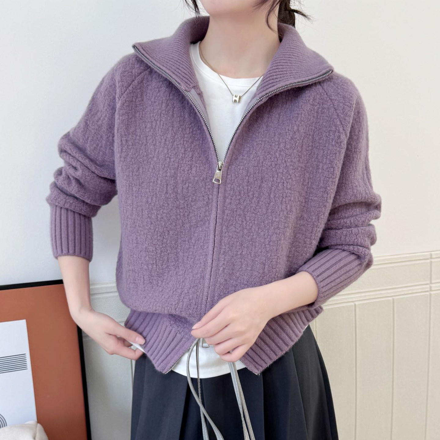 韩系双拉链针织开衫女翻领宽松百搭毛衣外套慵懒风外搭厚长袖上衣