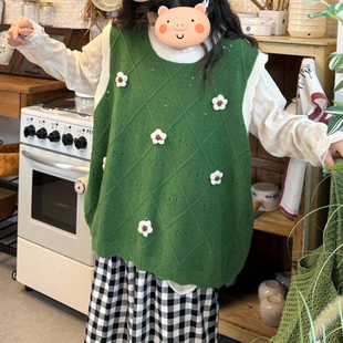 秋冬新款针织马甲女宽松大码女装胖mm立体花朵针织马甲背心上衣潮