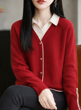 秋冬POLO领假两件红色打底毛衣女