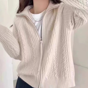 工厂直销毛衣翻领麻花拉链针织开衫女装秋冬新款宽松外搭软糯外套