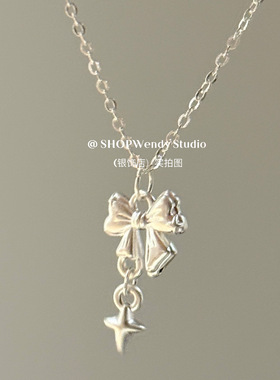 足银999蝴蝶结星星项链春夏百搭