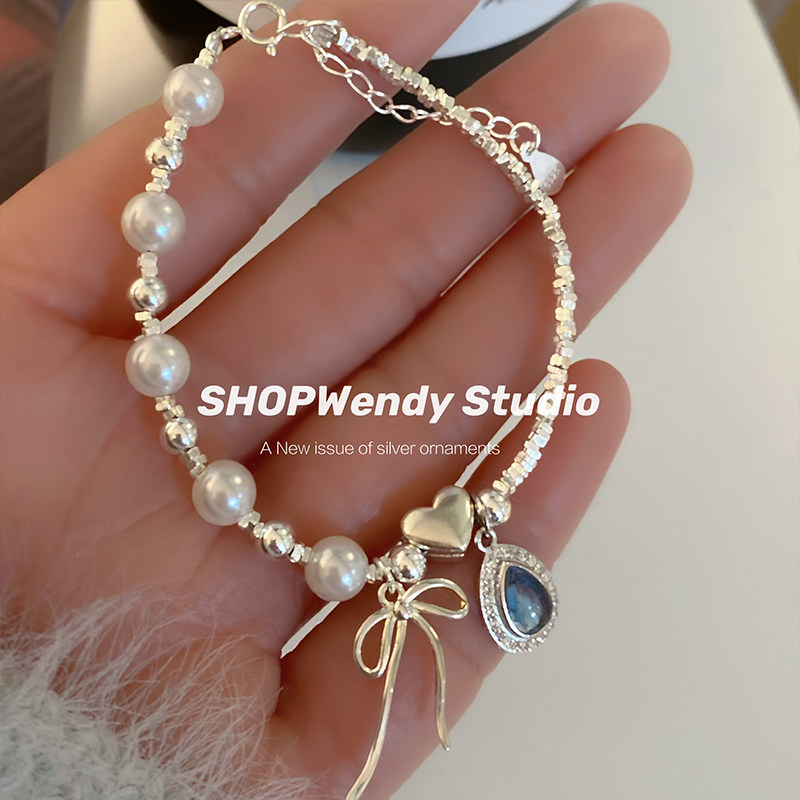 SHOPWendy | 芭蕾少女 自制海蓝宝S925纯银碎银子蝴蝶结珍珠手链