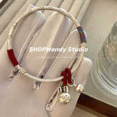 SHOPWendy 幸运小兔 999.9足银纯银古法胡萝卜兔子红绳编织手镯