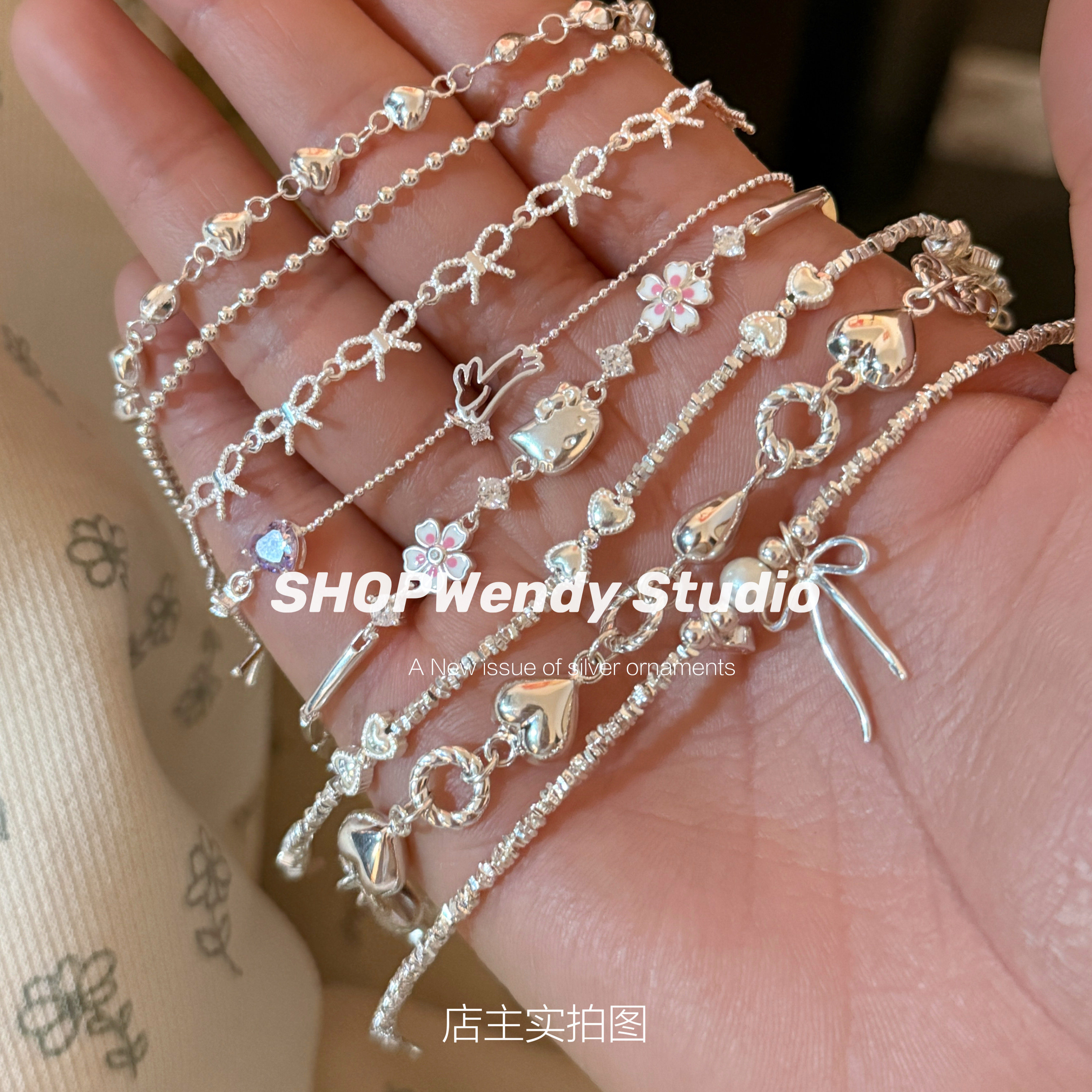 SHOPWendy | 甜妹纯银手链合集 爱心蝴蝶结kitty兔子叠戴