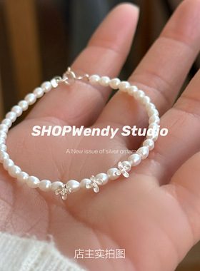 S925纯银天然珍珠栀子花手链