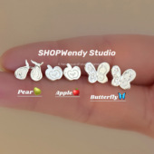 SHOPWendy 简约ins风苹果梨蝴蝶S925纯银精致小巧耳钉养耳洞