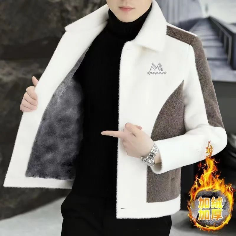 男士水貂外套潮流加绒加厚夹克男加绒翻领保暖大衣