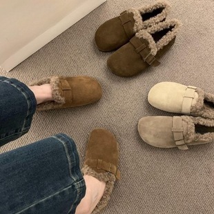 内增高保暖棉瓢鞋 新款 女加绒2024秋冬季 日系森女风复古软皮勃肯鞋