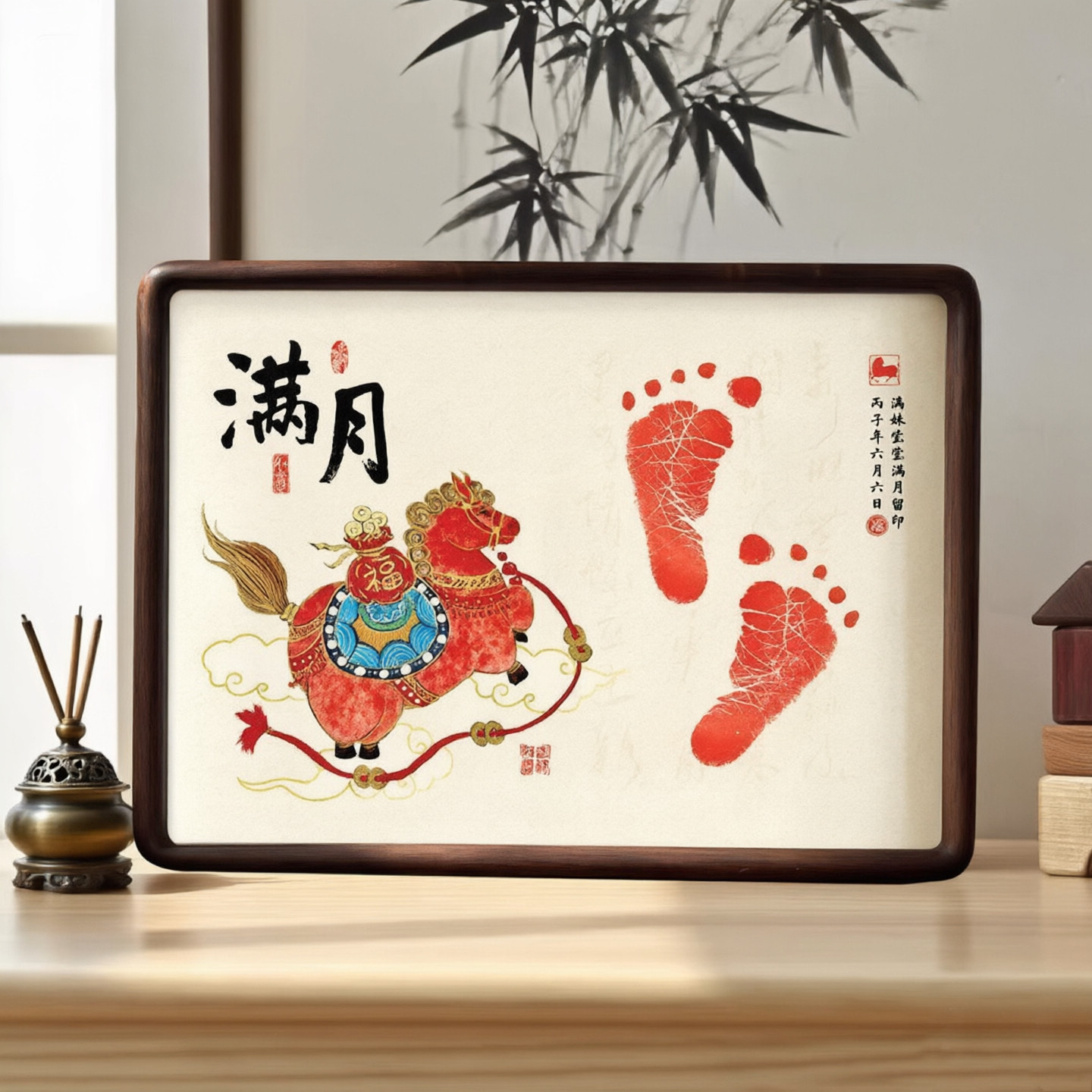 宝宝满月手足印实木相框婴儿手脚印纪念周岁礼手印百天仪式感脚印