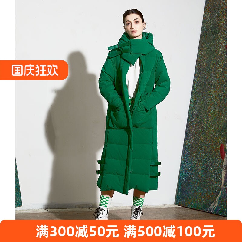 摩多伽格简约长款连帽羽绒服