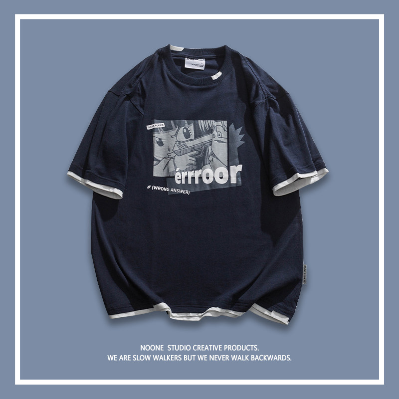 举枪瞄准 | noone | 小众设计感 动漫假两件纯棉 | 男女短袖t恤