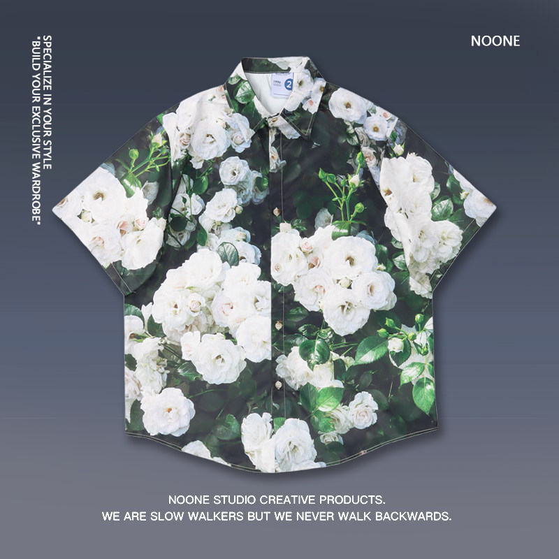 noone 生如夏花 夏季新款满印白蔷薇潮牌日系复古油画ins情侣衬衫