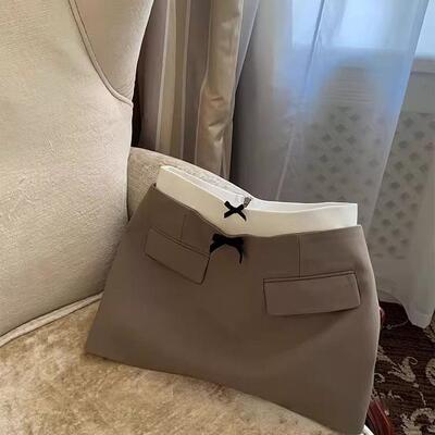 少女感格纹半身裙女拼接腰头