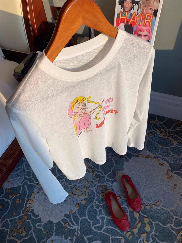 早秋白色印花T恤女长袖设计感