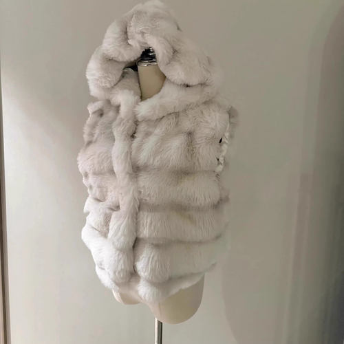 灰白连帽环保皮草毛毛马甲外套