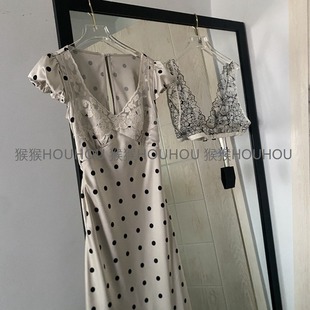 生日裙虞书欣同款法式缎面波点蕾丝连衣裙背心两件套