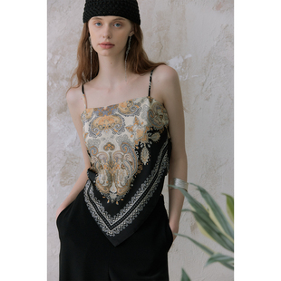 奥芝国 四种花色 缎面印花丝巾式后背打结吊带设计感不规则上衣