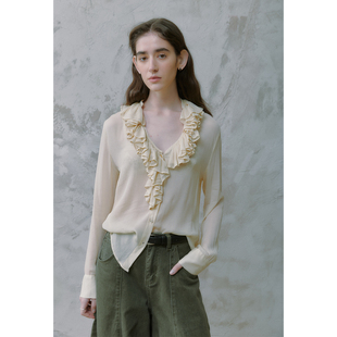奥芝国 媲美真丝面料！法式复古荷叶边V领衬衫女薄款上衣