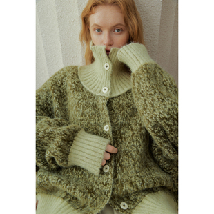 奥芝国 篷松厚实夹花色罗纹拼色两穿领毛衣外穿开衫外套女秋冬N