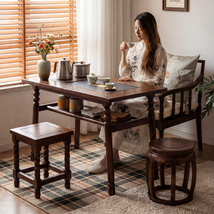 美式实木茶桌家用客厅茶台小户型阳台两用书桌泡茶台烧水壶一体