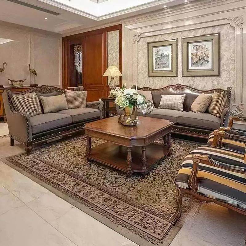 美式实木真皮沙发复古经典牛皮布艺结合三人位沙发别墅雕花家具